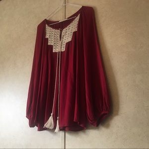 Bell Sleeve Peasant Top Cream Embroidery Tassels